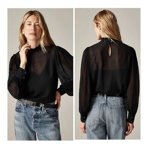 NEW J.Crew Women's Black Irina Ruffleneck Long Sleeve Chic Sheer Chiffon Top XS